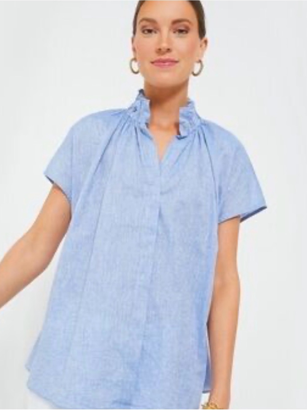 Pomander Place Light Blue Short-Sleeve Ruffle Collar Blouse